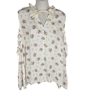 Jeans by Buffalo Women Top Large Floral Ditsy Cold Shoulder Tie Neck Ruffle Bell